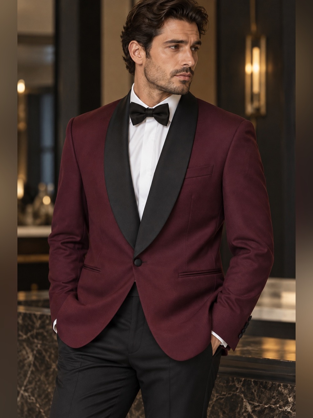 Men's Burgundy Shawl Lapel Tuxedo Jacket with Black Satin Trim
